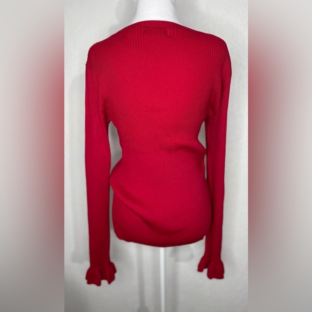 Tahari Vibrant Red Holiday Ribbed Long Ruffled Sleeve Top Party Christmas Large - Picture 4 of 12
